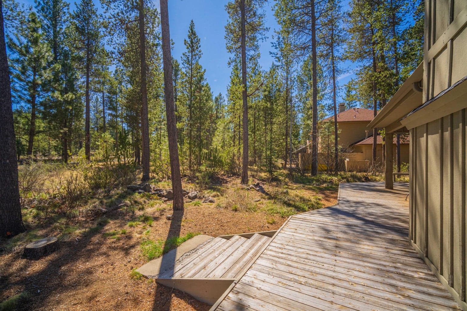 Deck view toward the natural pine setting, creating a quiet outdoor connection from the home.
