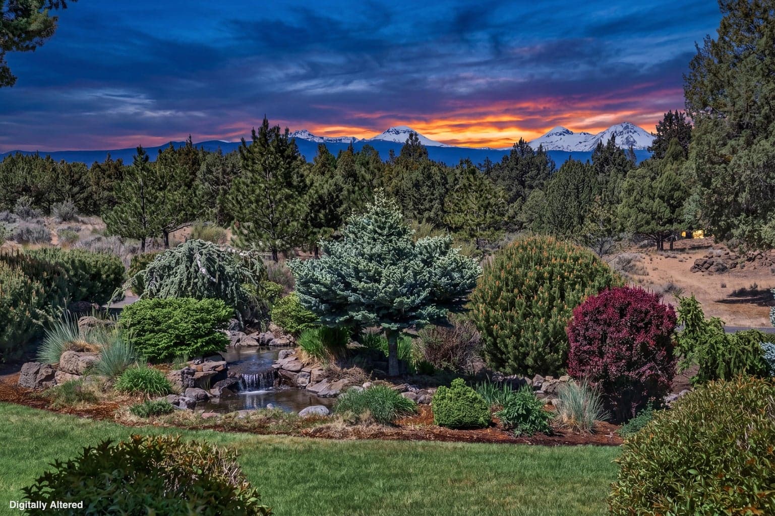 Full Cascade Mountain range views stretch beyond the landscaped grounds, where a pond, waterfall and mature plantings create a beautiful foreground to this private Central Oregon acreage setting.