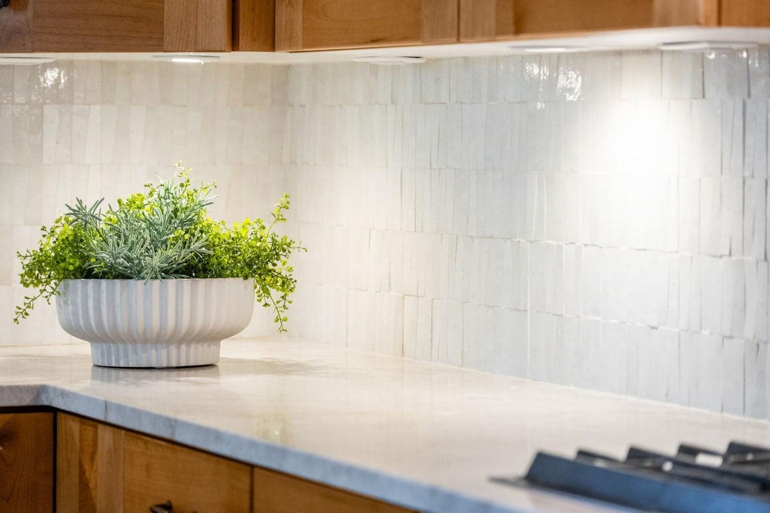 Handmade trapezoid tile backsplash