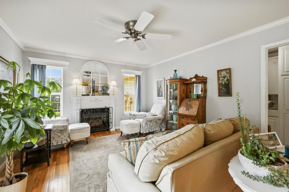 Family room with gas fireplace open to kitchen