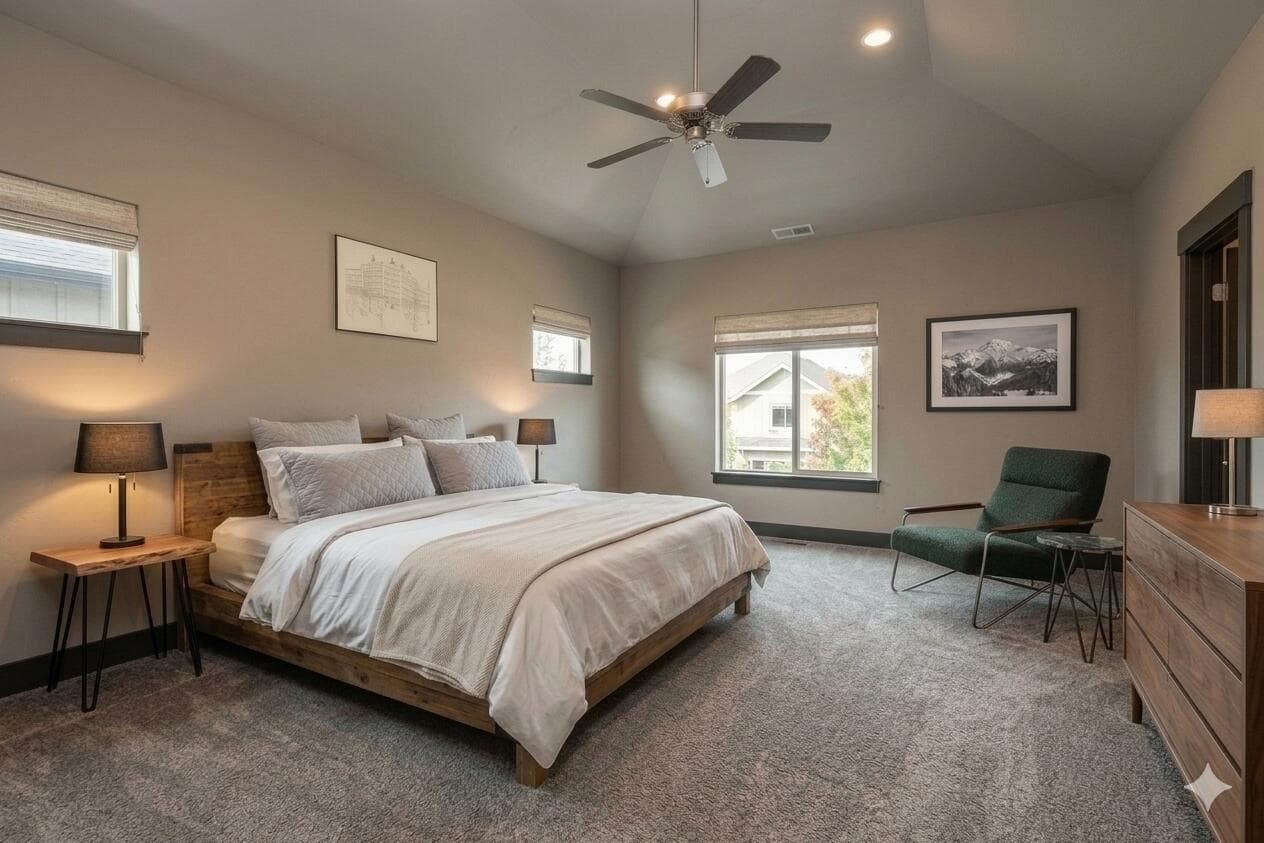 This luxury primary suite is very spacious, with room for a sitting area and even home office set-up