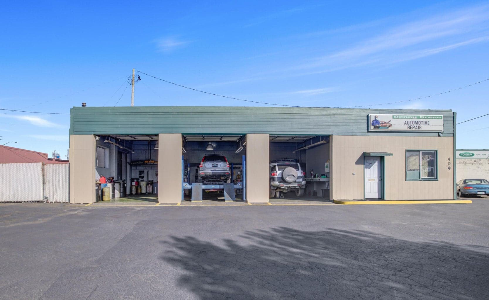 View of the three professional auto service bays.