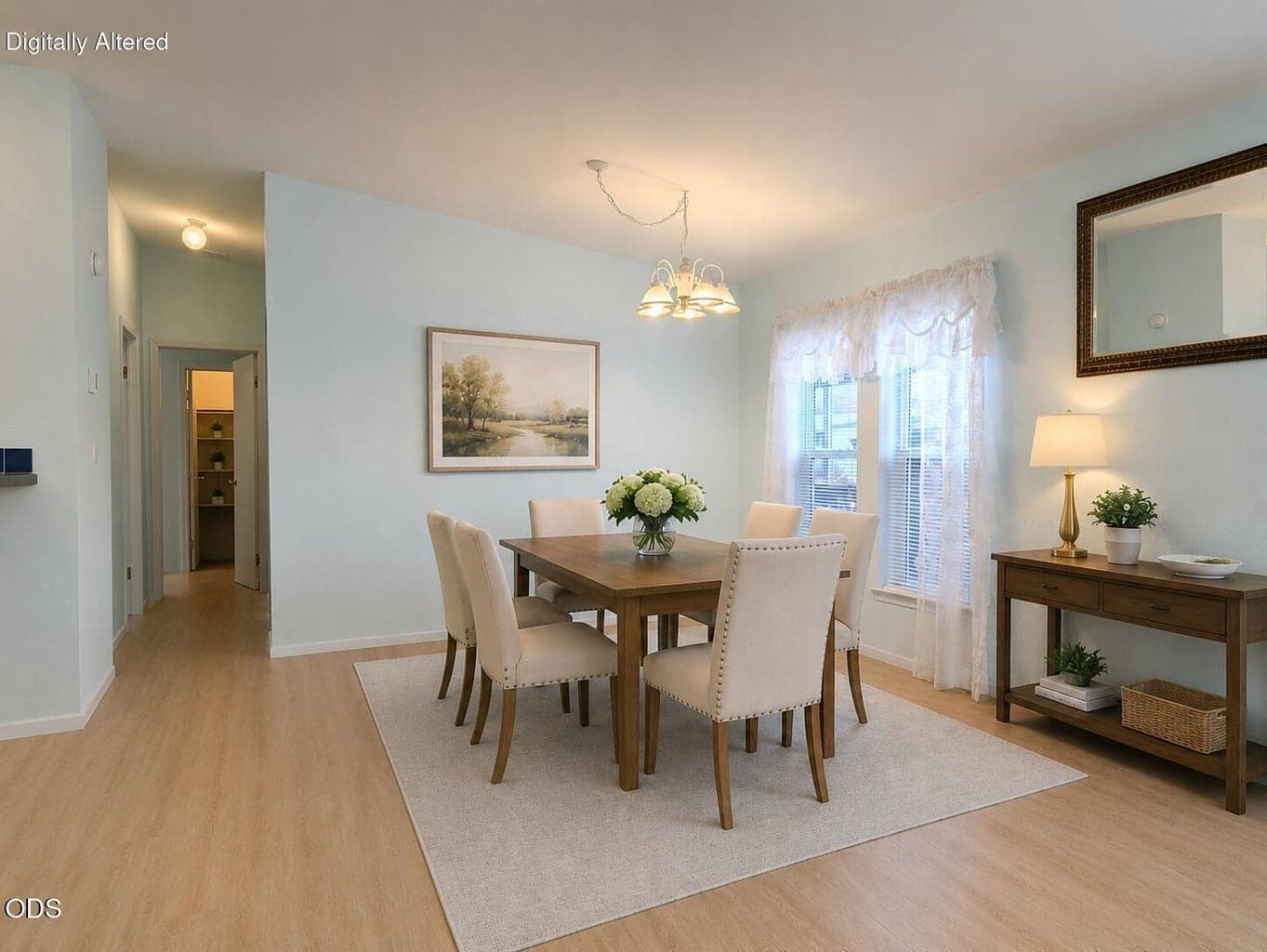 Virtually Stagged Dinning room. AI used to show new flooring option with the $5,000 flooring credit.