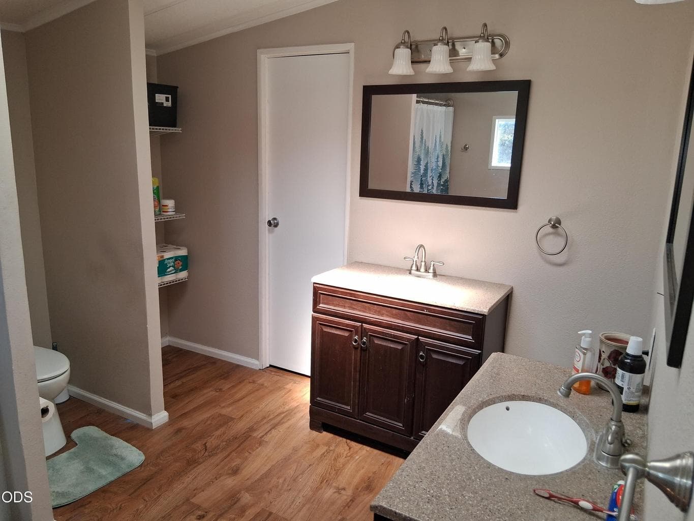 Primary Bath with double sinks and door into the walk in closet