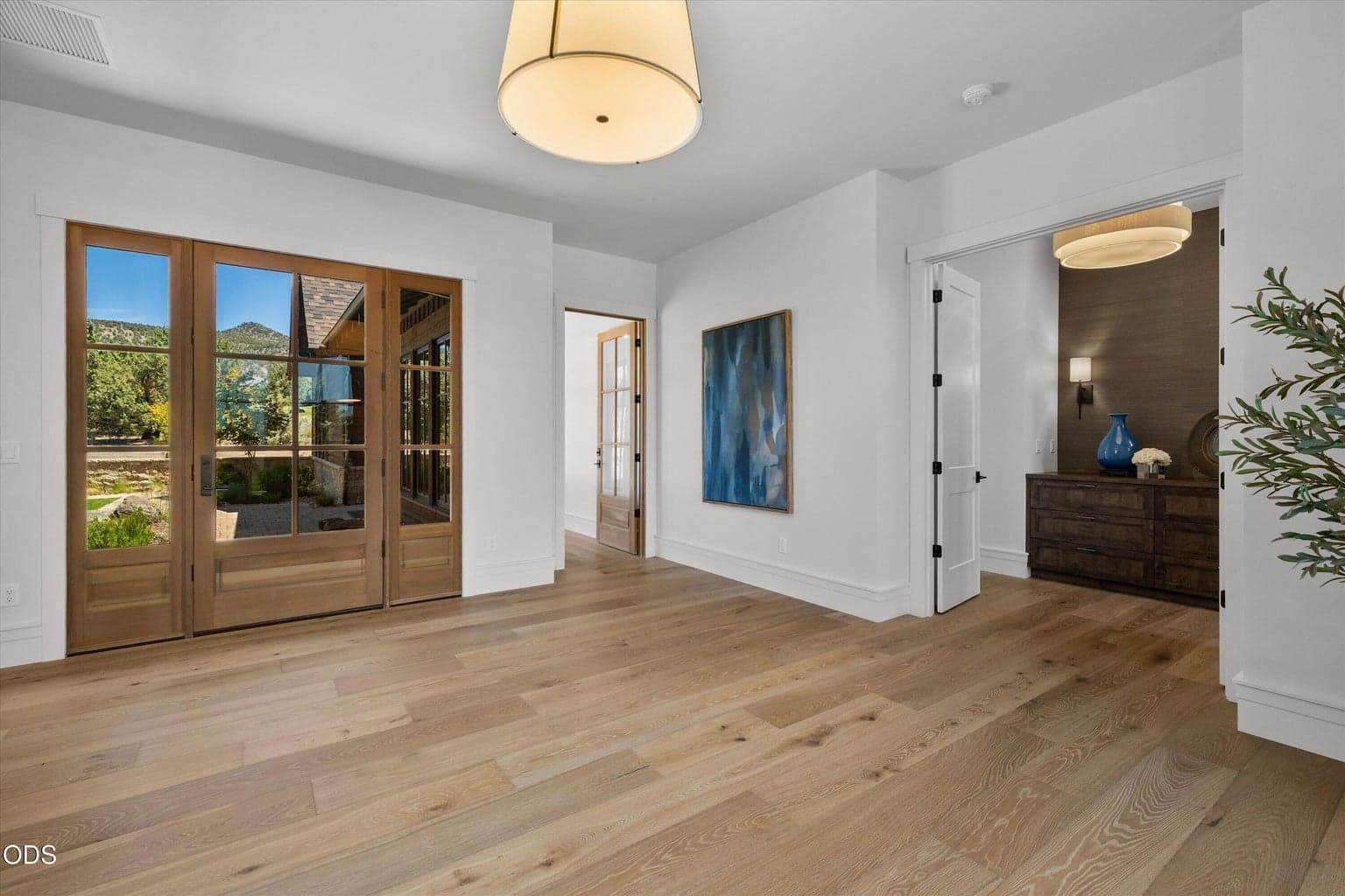 The foyer connects the great room to the primary suite (right) and a lockable security door to the two guest suites (left)