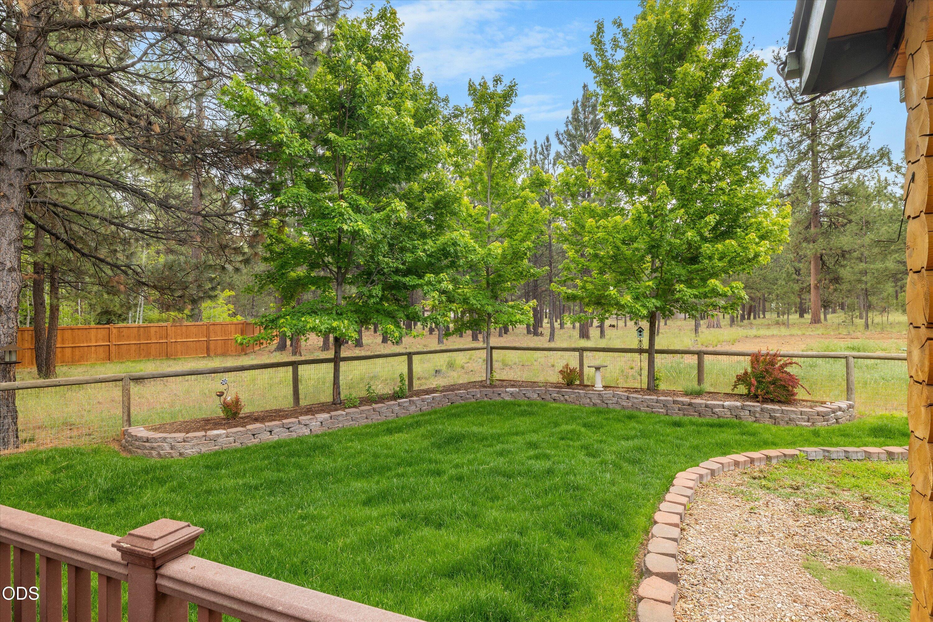 Looking from the deck toward the yard which features timed sprinklers.