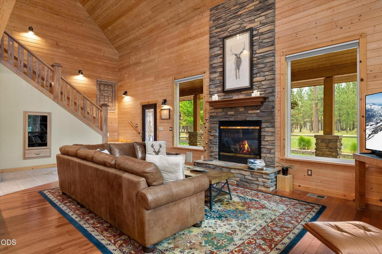 Warm wood throughout the home invokes a Scandinavian chalet feel.