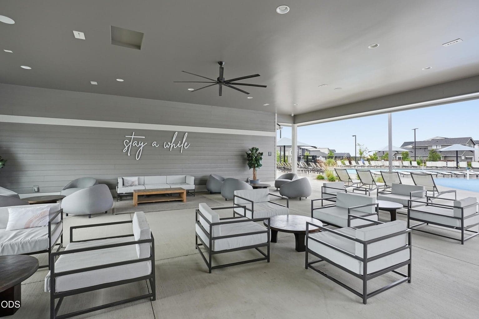 Outdoor lounge space at amenity