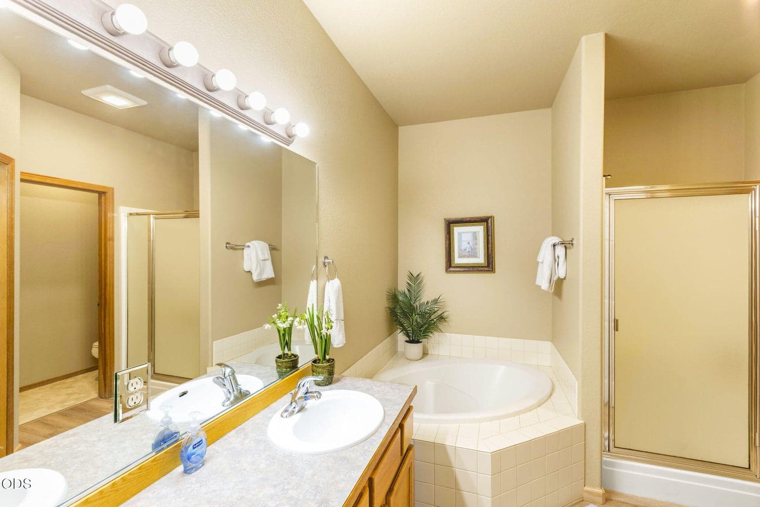 Main level primary bath ensuite with walk in shower and large soaking tub