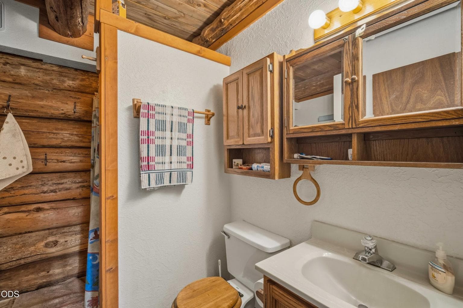 The main cabin bathroom carries the rustic wood character into a practical, functional space.