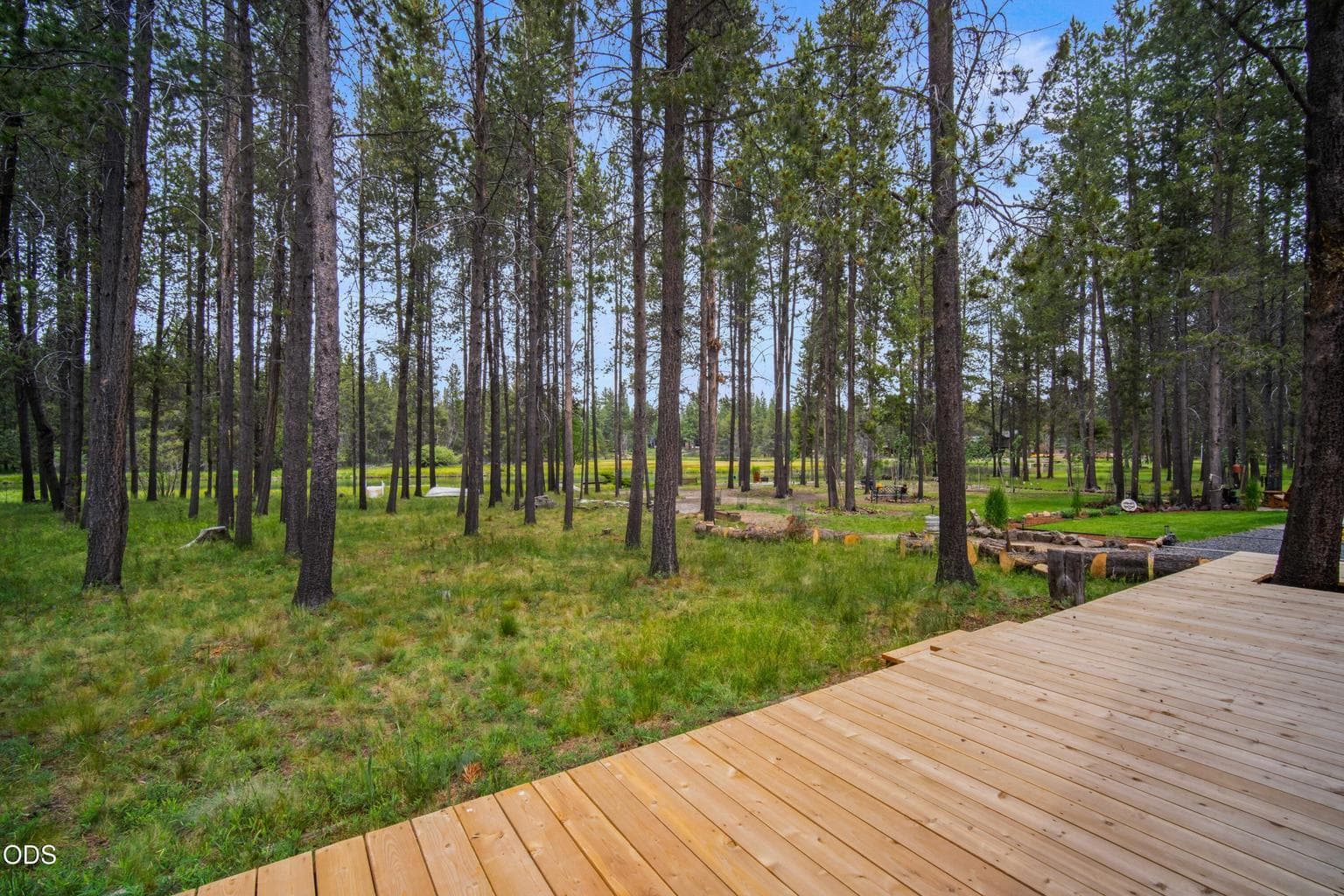 From the wraparound deck, the wooded lot opens toward the river grasses and Big Deschutes River beyond.