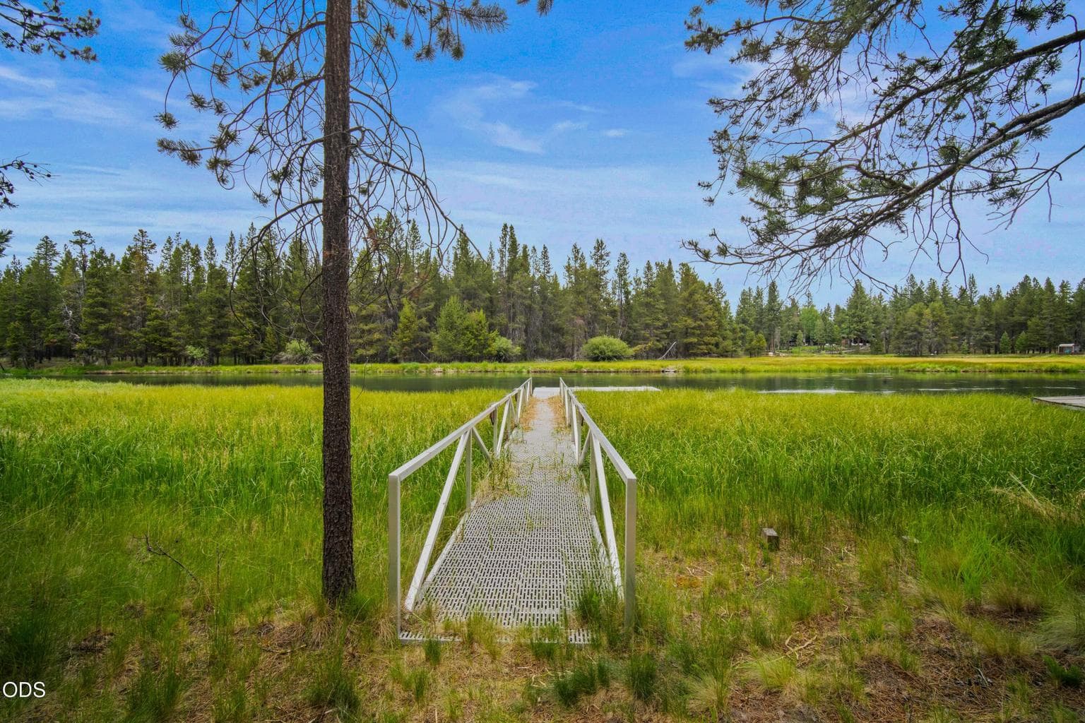 Follow the long walkway through natural river grasses to the shared dock and the quiet waters of the Big Deschutes River.