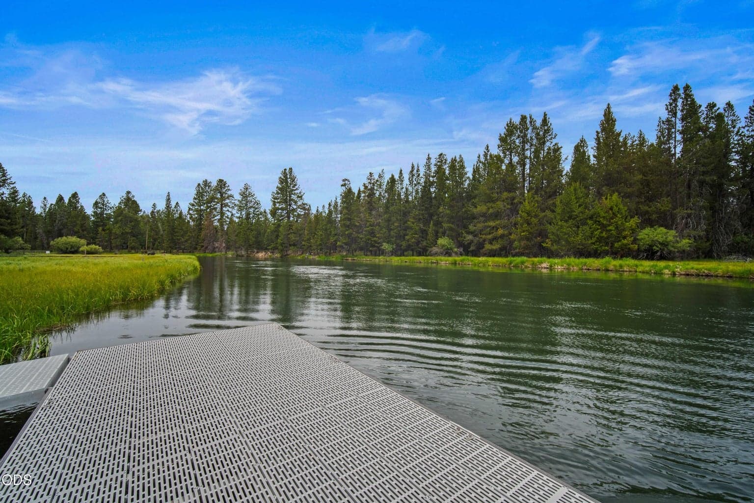 Calm water, natural shoreline, and forested surroundings create a peaceful place to pause on the Big Deschutes River.
