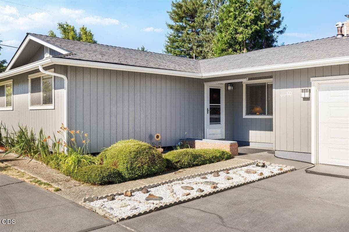 Low-maintenance landscaping in front