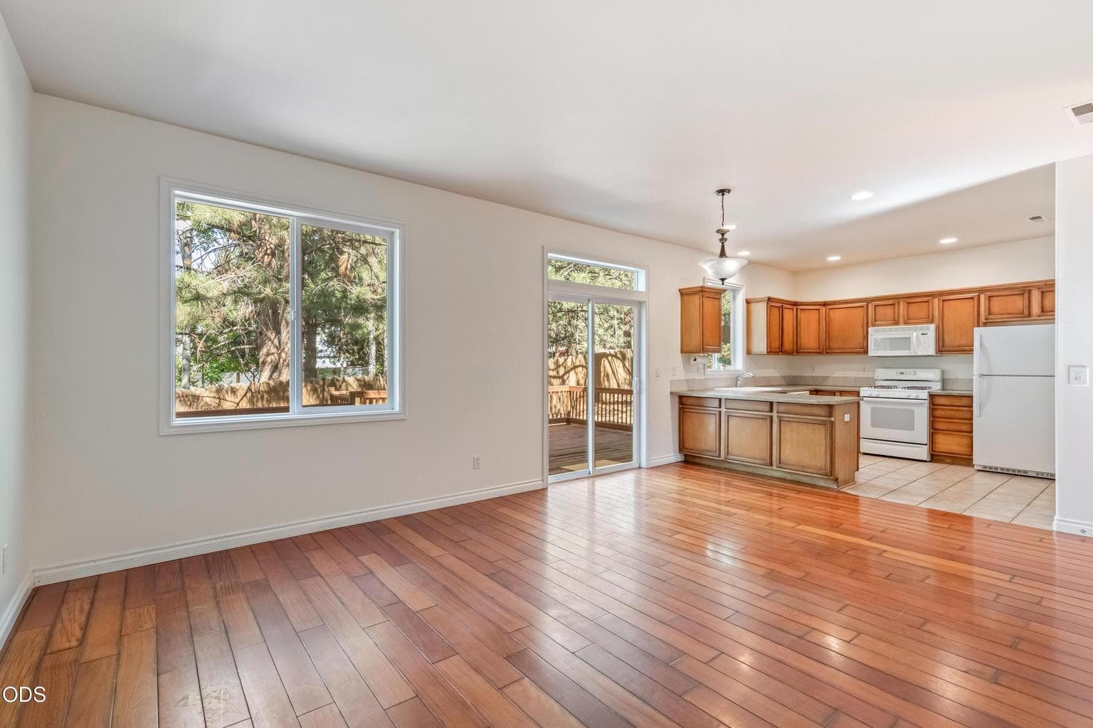 The kitchen overlooks the living area