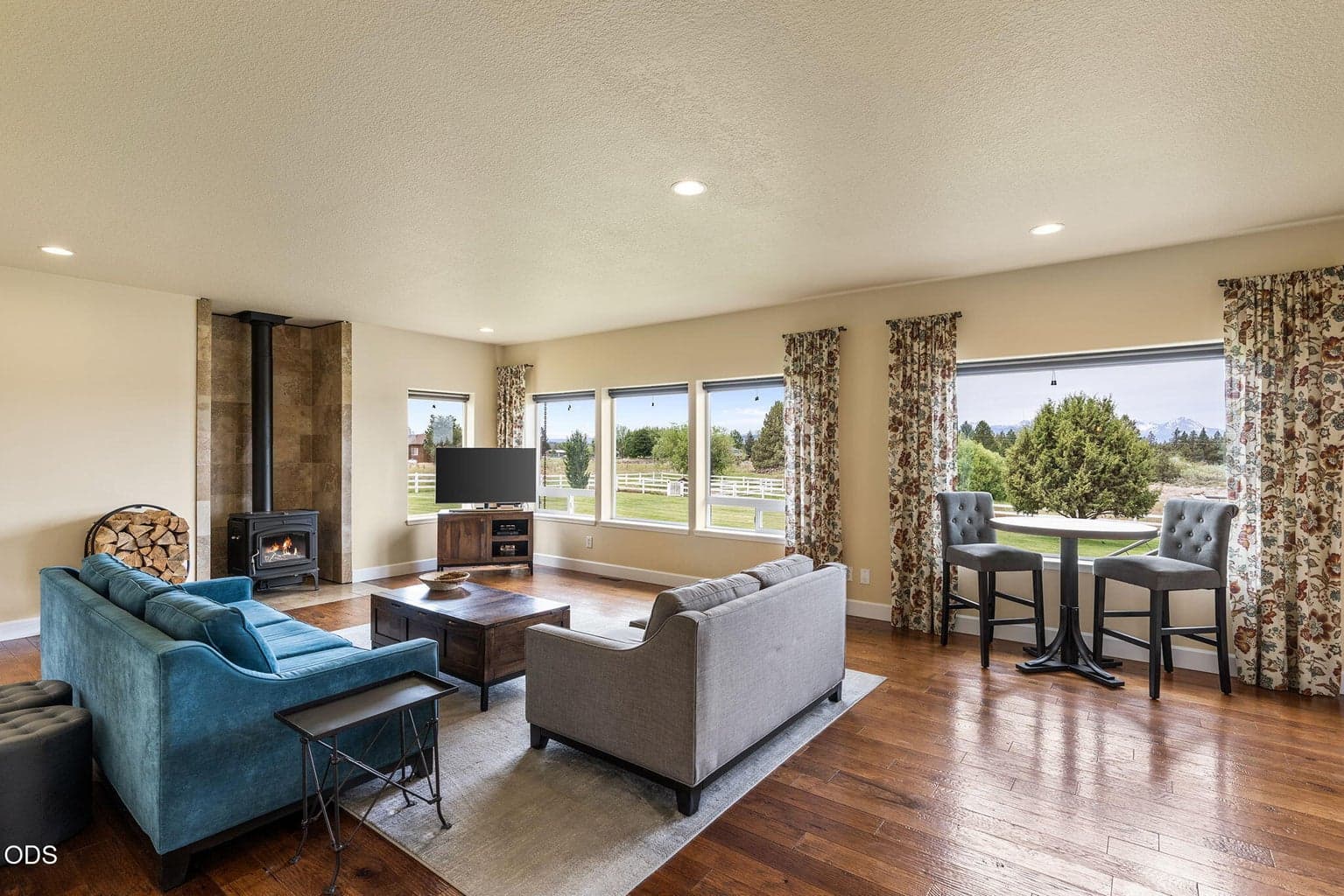 Living room with wood burning stove