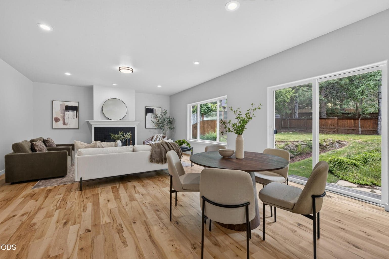 Great room and gas fireplace - view to backyard
