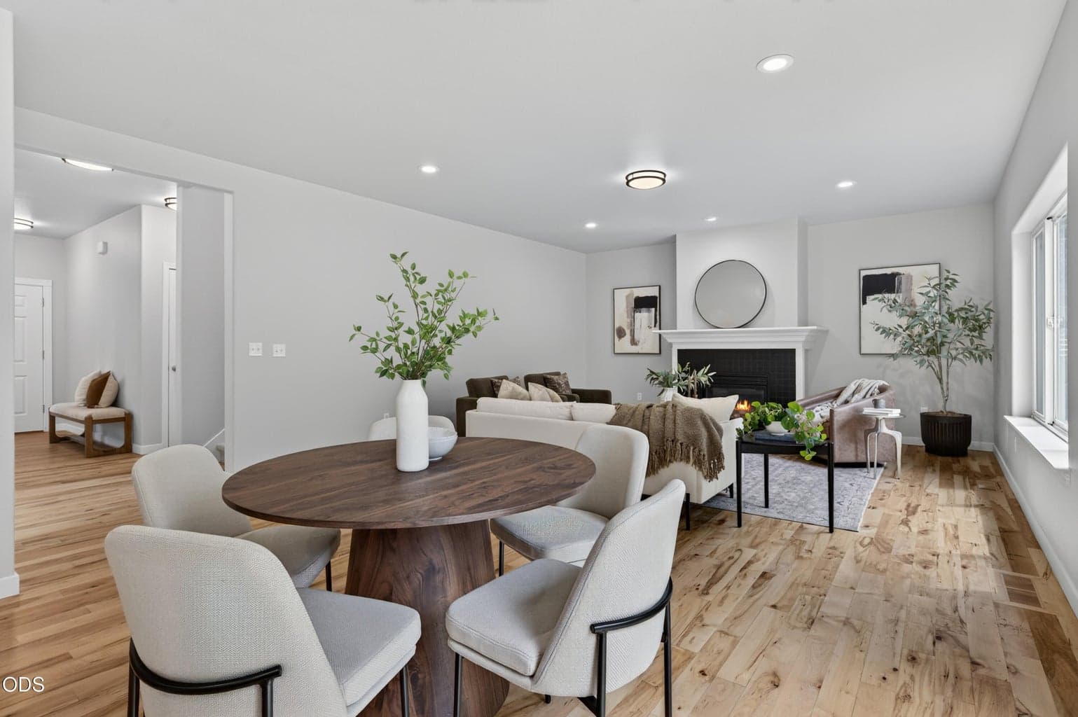 Great room and gas fireplace - view entry way