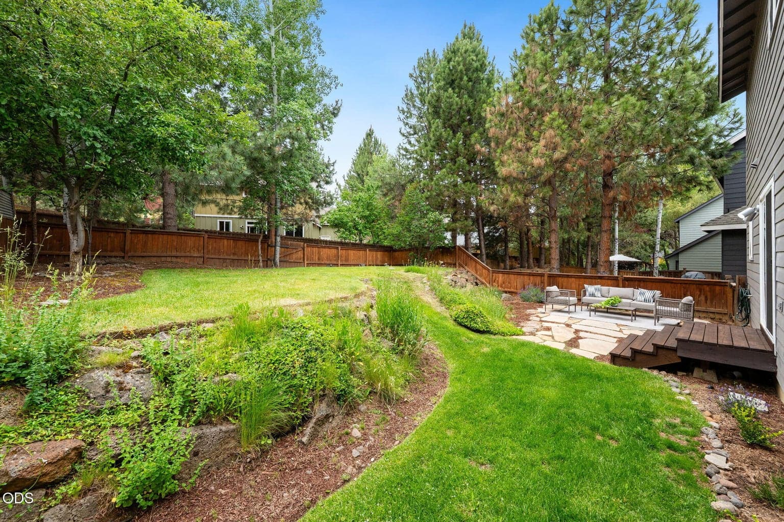 Backyard landscaping with mature trees