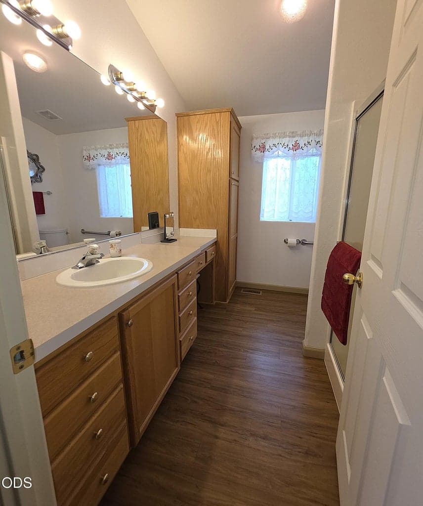 Primary bathroom has generous counterspace and walk-in shower