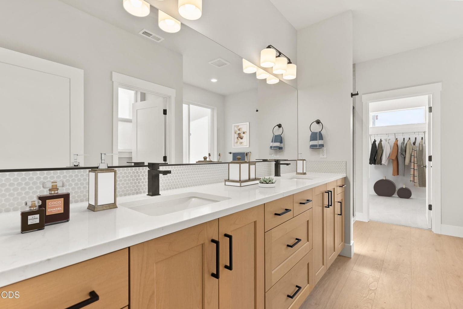 Primary bath. Virtual staging. Finish selections vary.