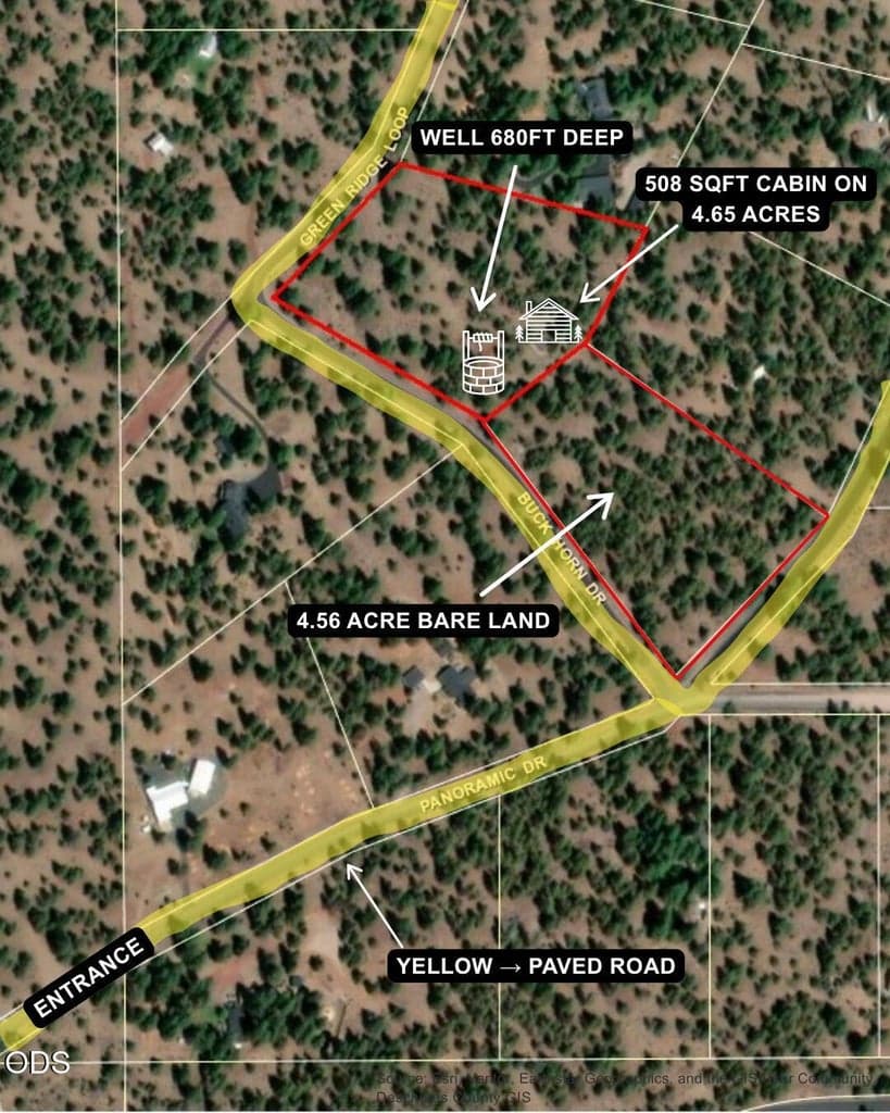 Cabin on 4.65 acres. Lot available on 4.56 acres.