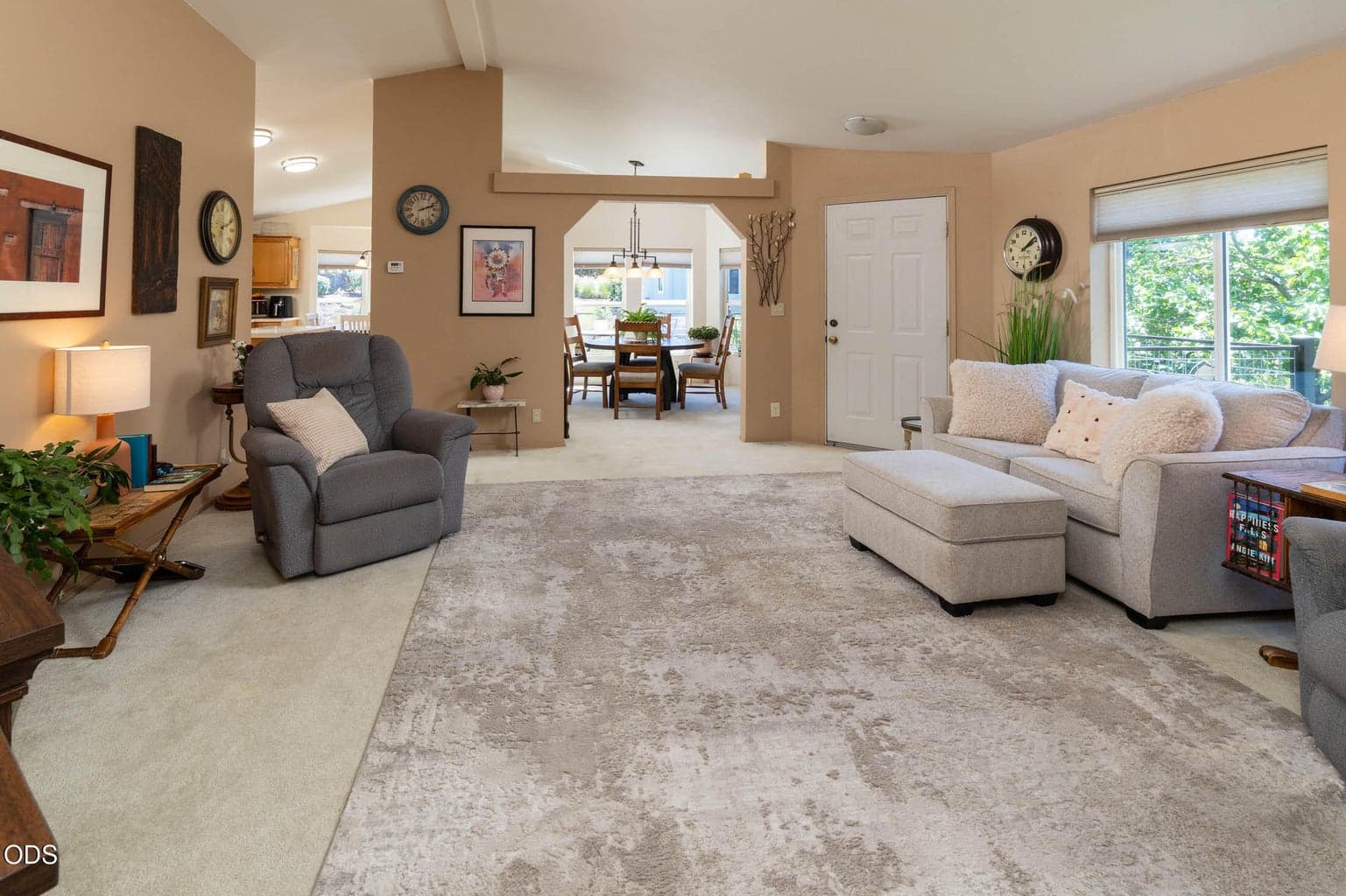 Lovely open vaulted floor plan, great windows all around. This is looking toward the dining area. (Not shown are the newer custom window shades, just beautiful.)