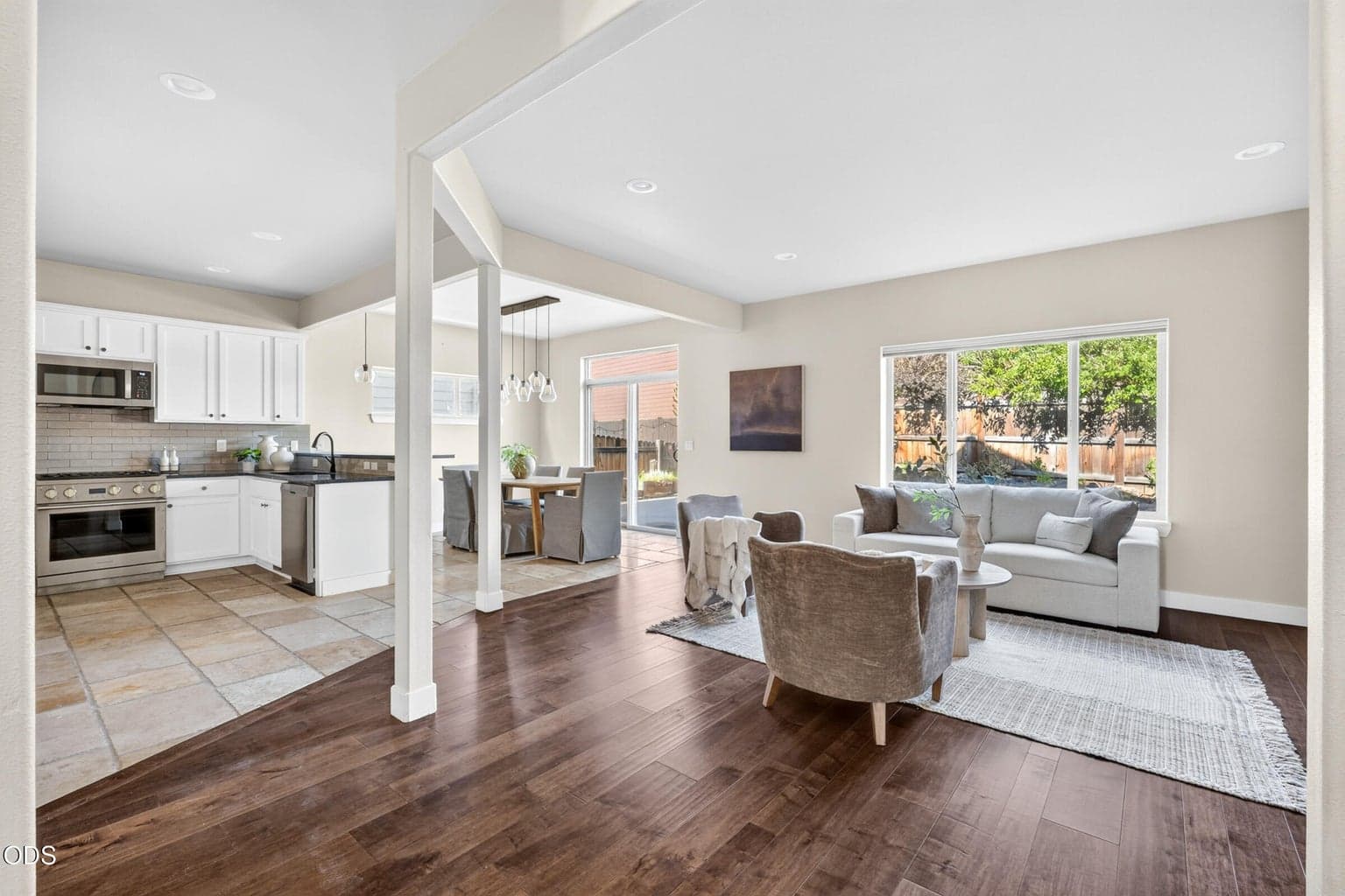 Great room - kitchen, family room and dining that leads to the backyard deck