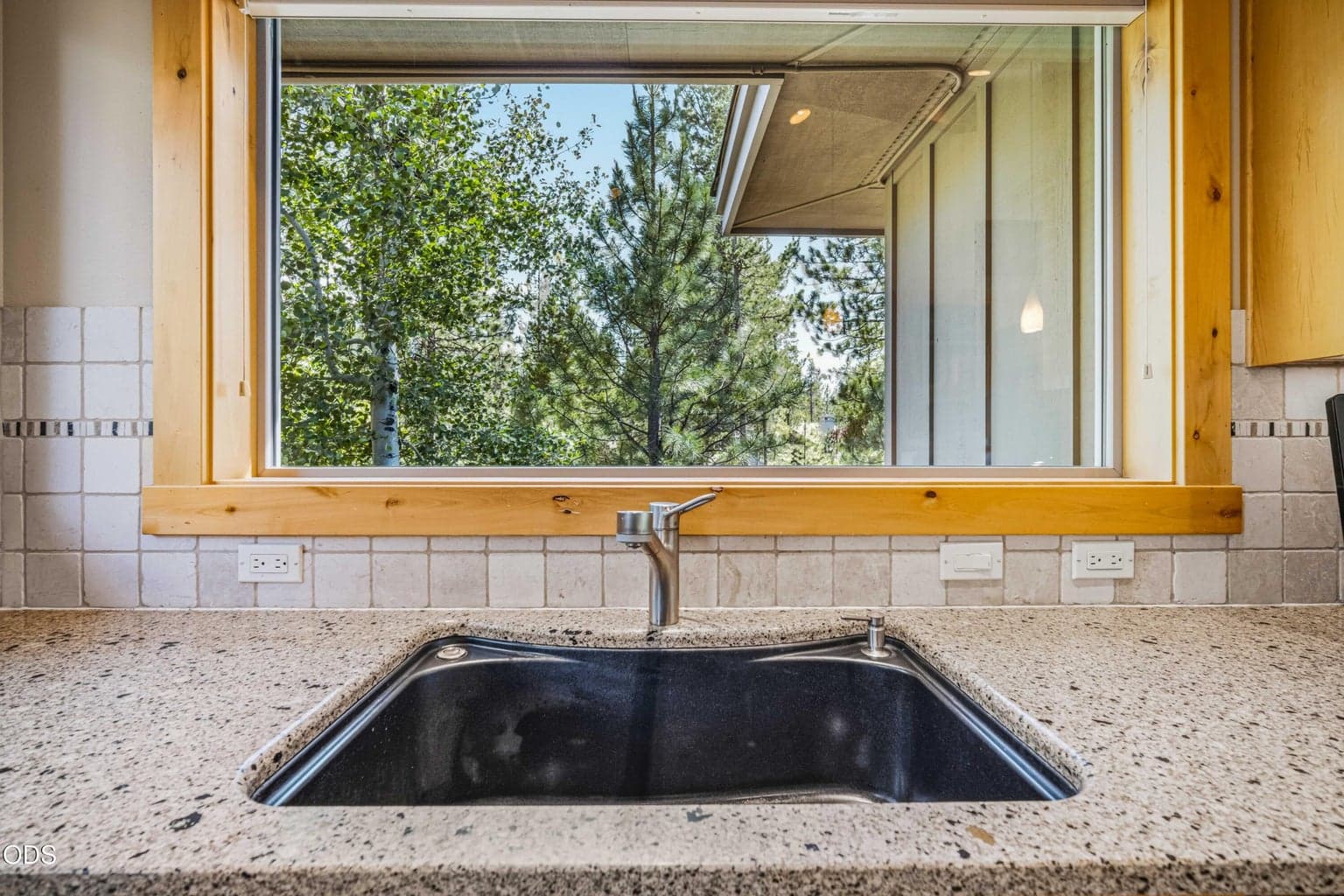 A broad window above the kitchen sink frames mature trees and natural light, turning an everyday workspace into another connection with the home’s extraordinary forested setting.