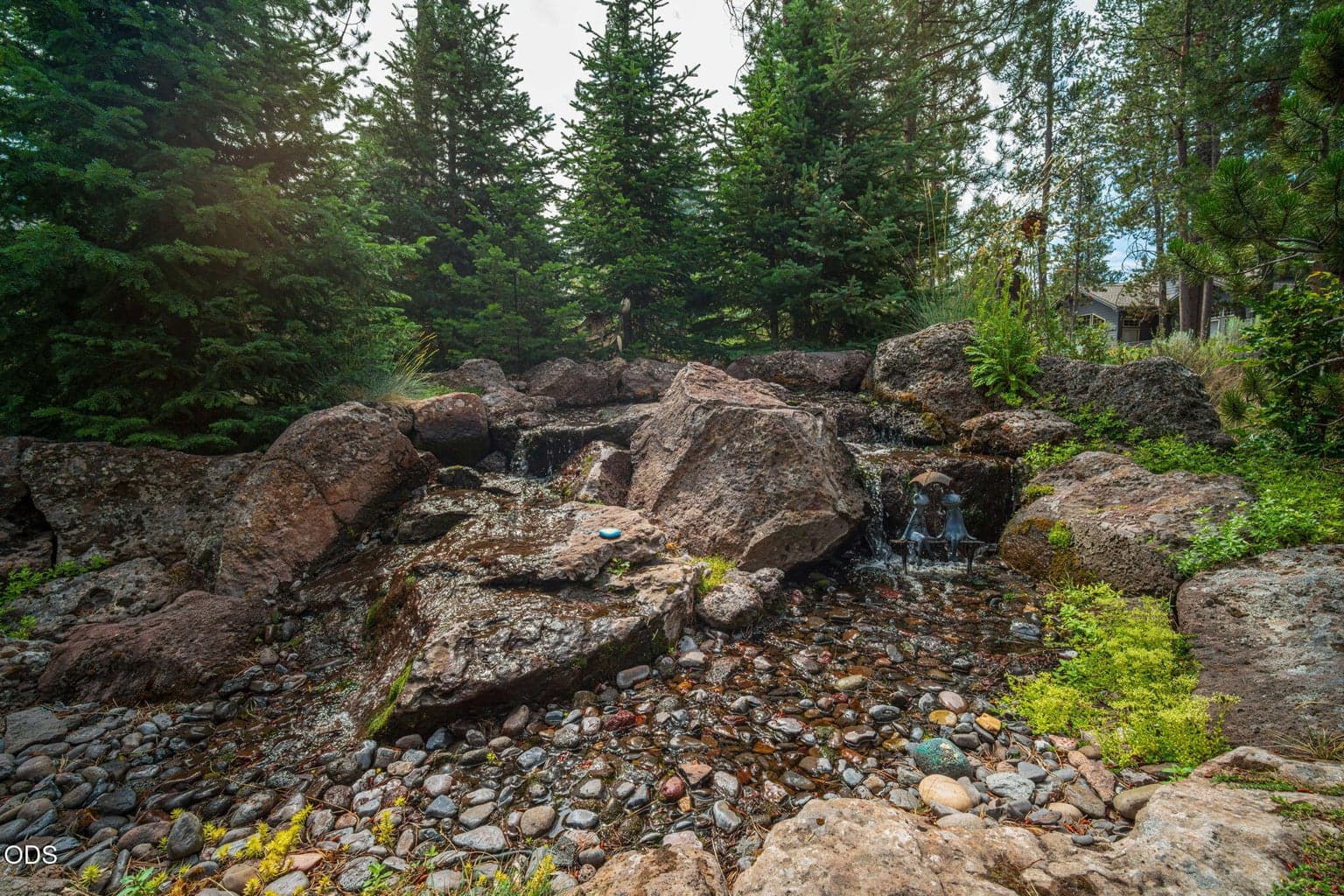 Natural stone water feature where birds gather to splash and bathe, adding life to the Central Oregon landscape.
