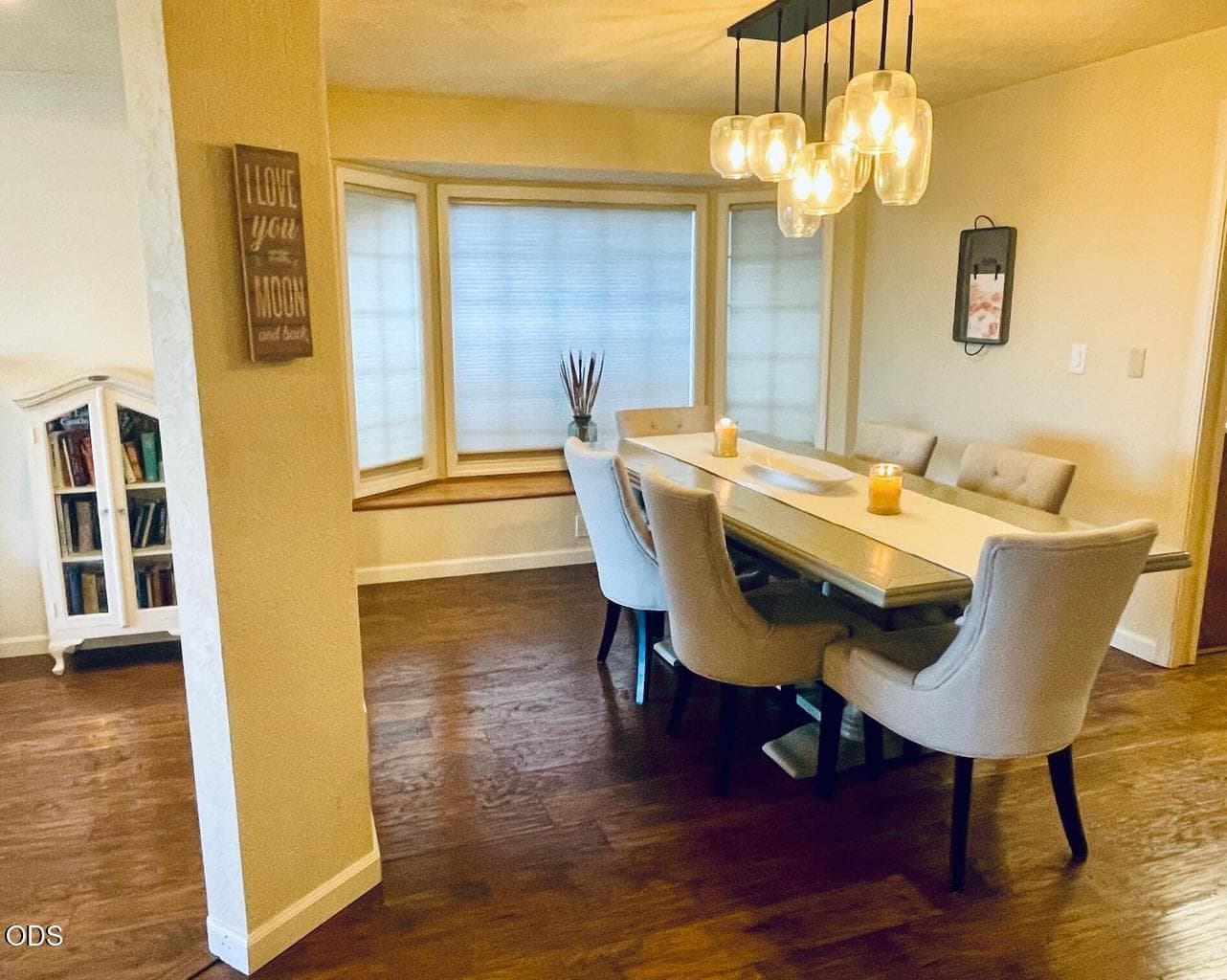 Dining room with window seat.