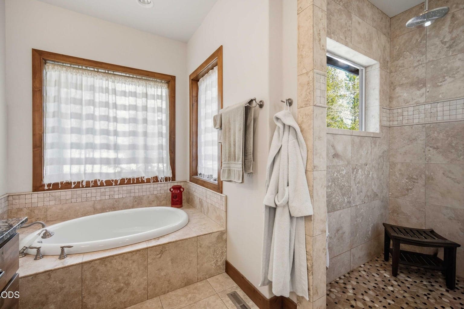 Primary bath soaking tub and walk in shower