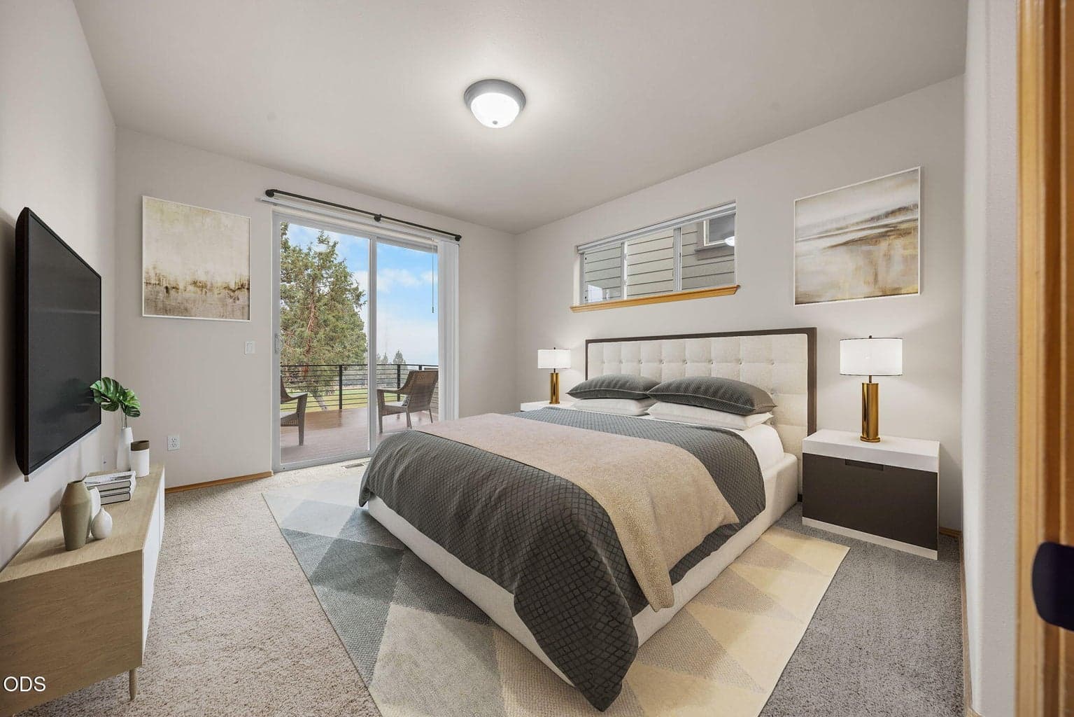 Primary Bedroom has access to deck over looking the 11th fairway - photo is virtually staged