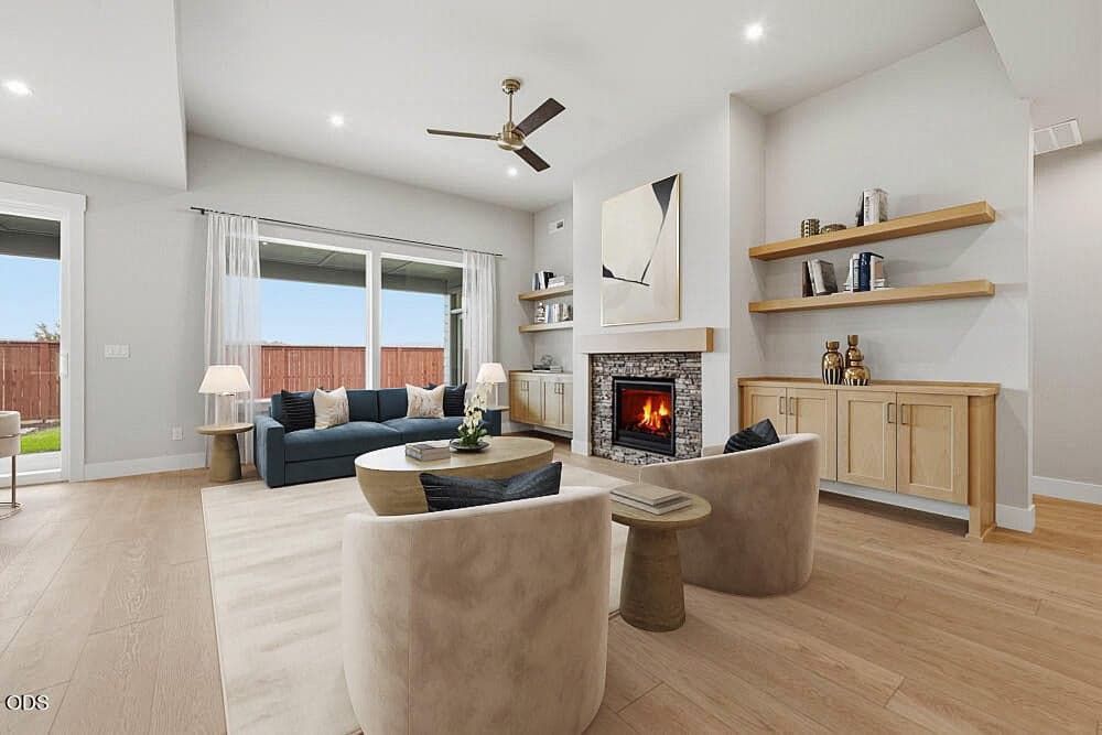 Subject property with virtual staging. Built-in cabinets with floating shelves upgrade, plus more upgrades.
