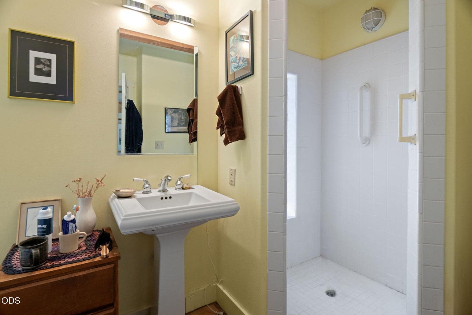 The bathroom is just off the bedroom...
