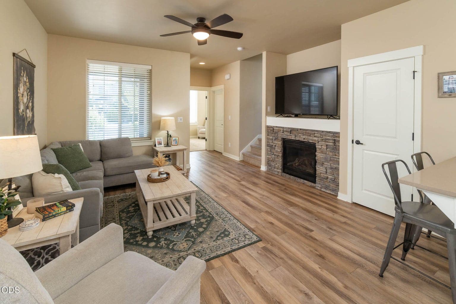 Fireplace in living area with space for TV. Large walk-in closet on the right is wonderful storage for supplies, games, equipment, in this thoughtful design.