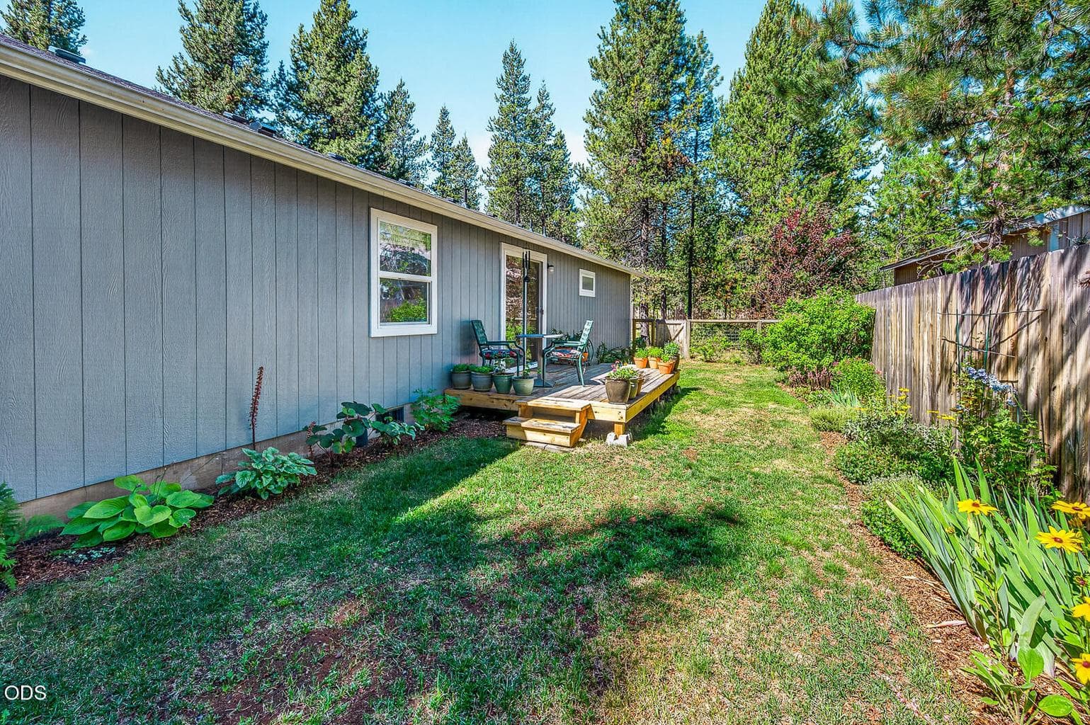 Plush landscaping in the back with privacy fencing