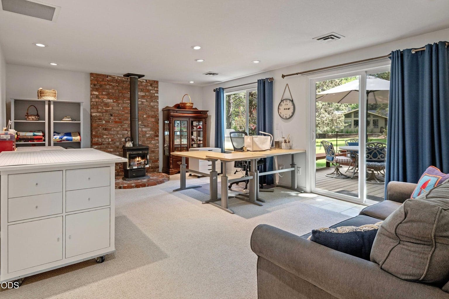 Large family room with gas stove