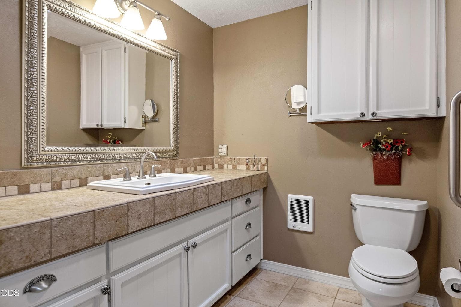 Primary bathroom has extended counter space