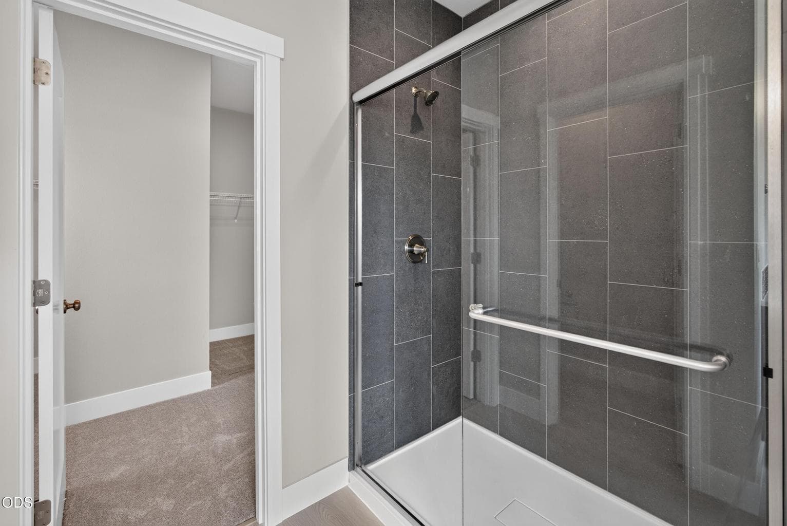 Primary tile shower & closet entrance