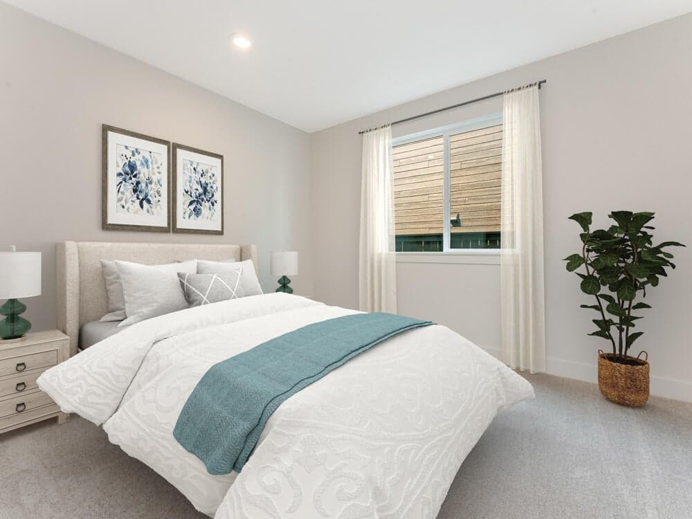 Image of downstairs bedroom has been virtual stage. Colors and surfaces may vary.