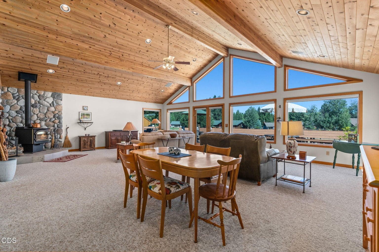 Vaulted wood paneled ceiling