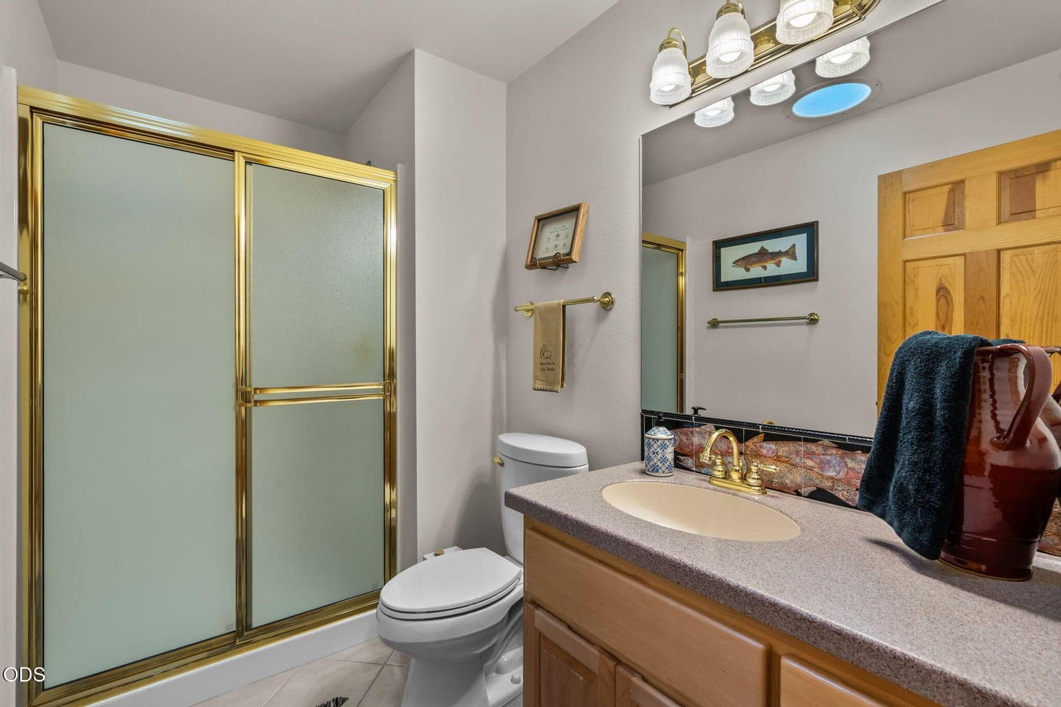 Stall shower, Corian counter and bidet toilet