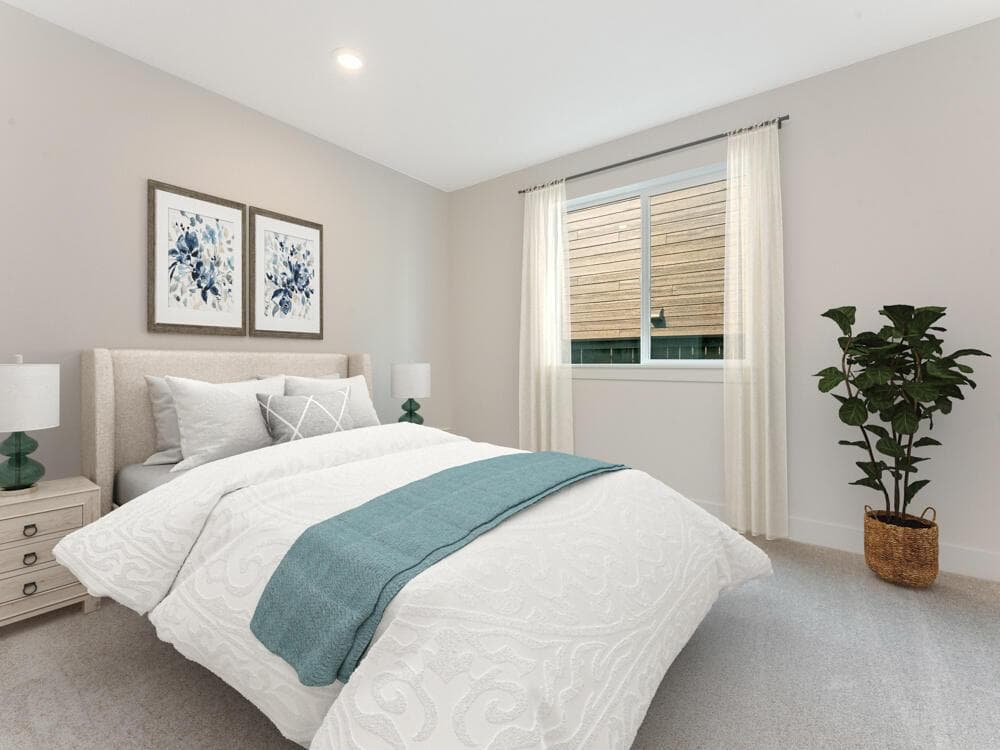 Image of downstairs bedroom has been virtual stage. Colors and surfaces may vary.