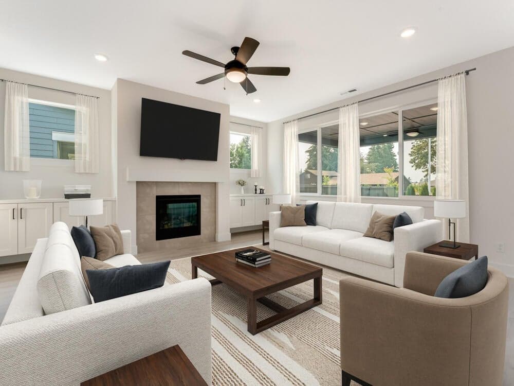 Image of great room has been virtual stage. Colors and surfaces may vary.