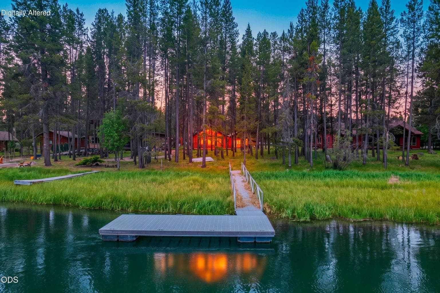 AI-enhanced for twilight lighting and reflection effect. The image evokes the quiet evening atmosphere of this Big Deschutes River log cabin retreat at 55915 Wood Duck Drive.