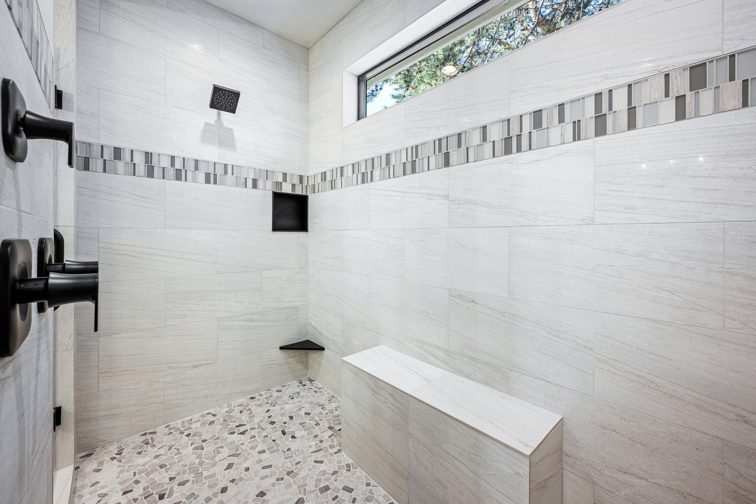 Primary Double Door walk in shower with Dual Shower Head and Rain Head