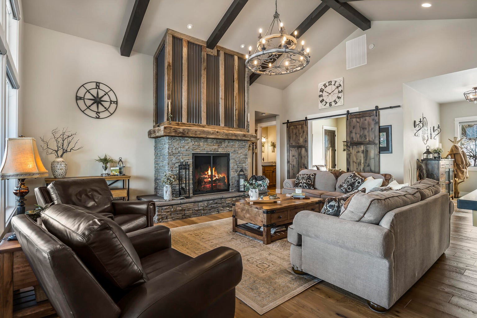 Vaulted ceilings with great room concept off kitchen.