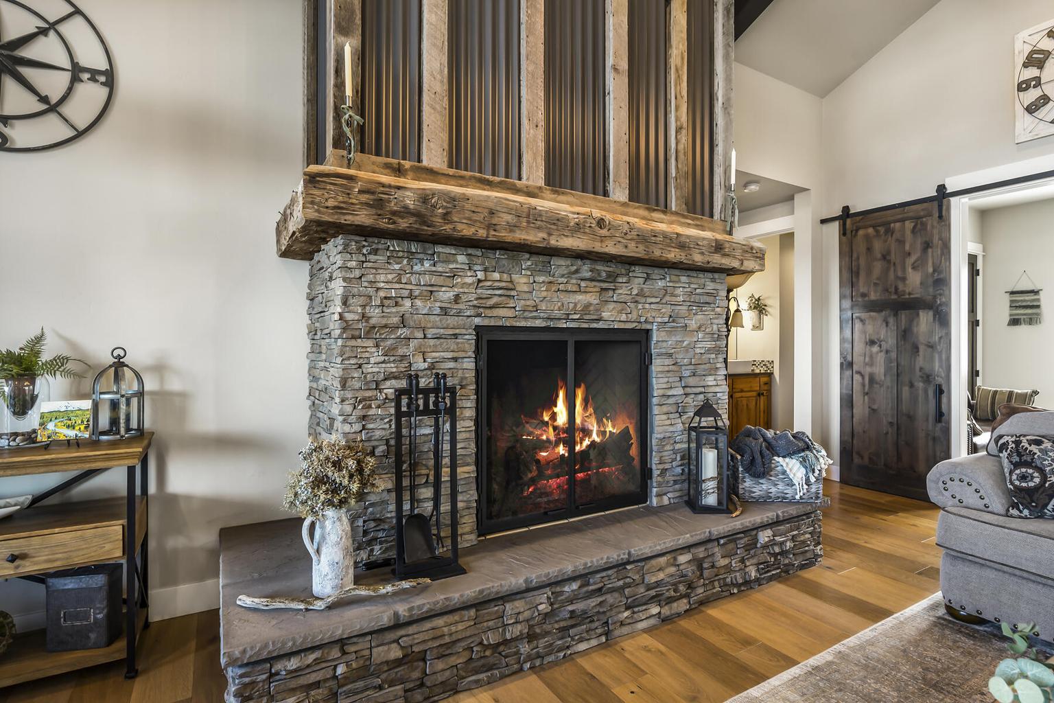 Wood burning fireplace with gas starter.