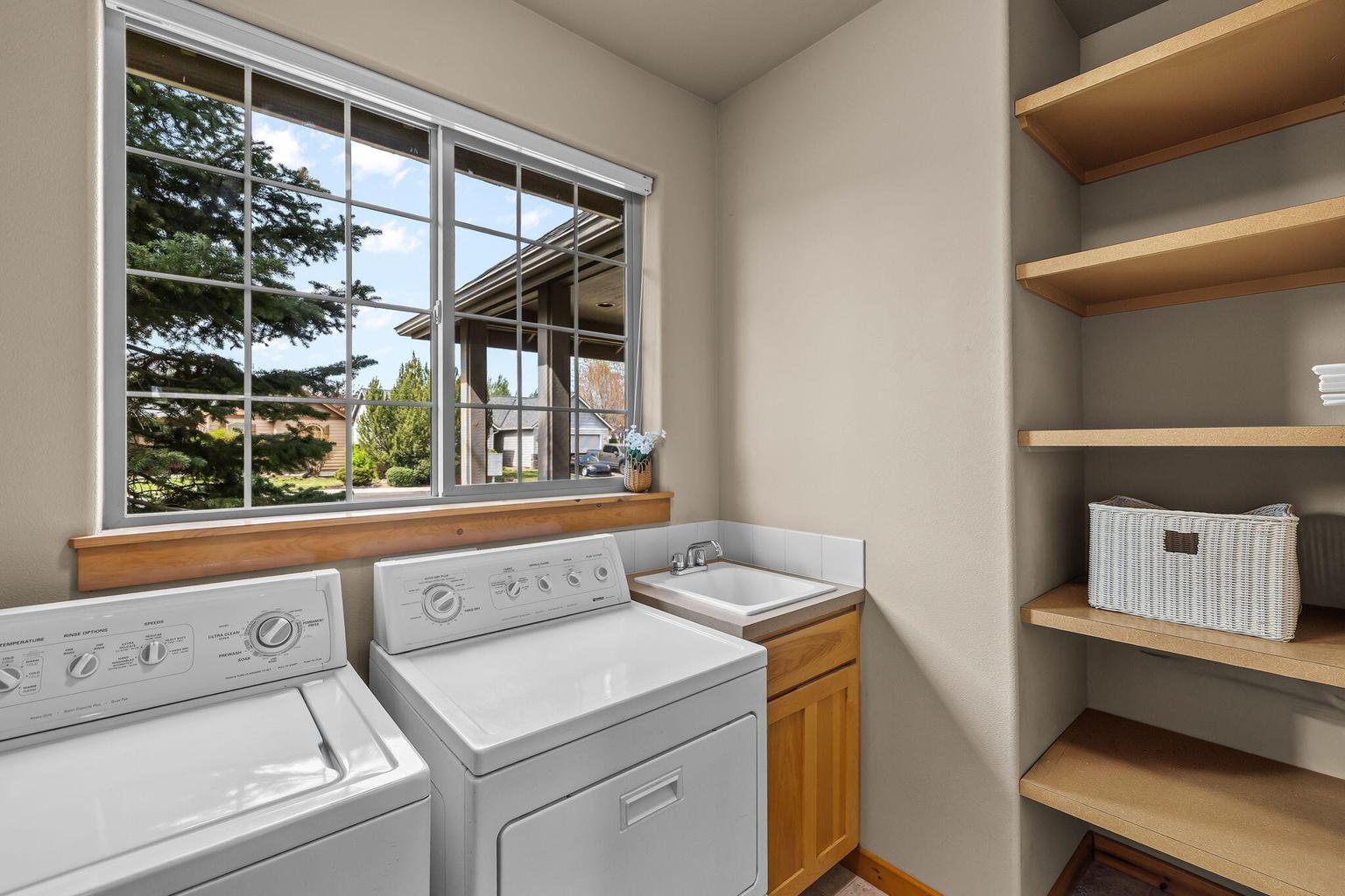Shelving and a view of the front yard